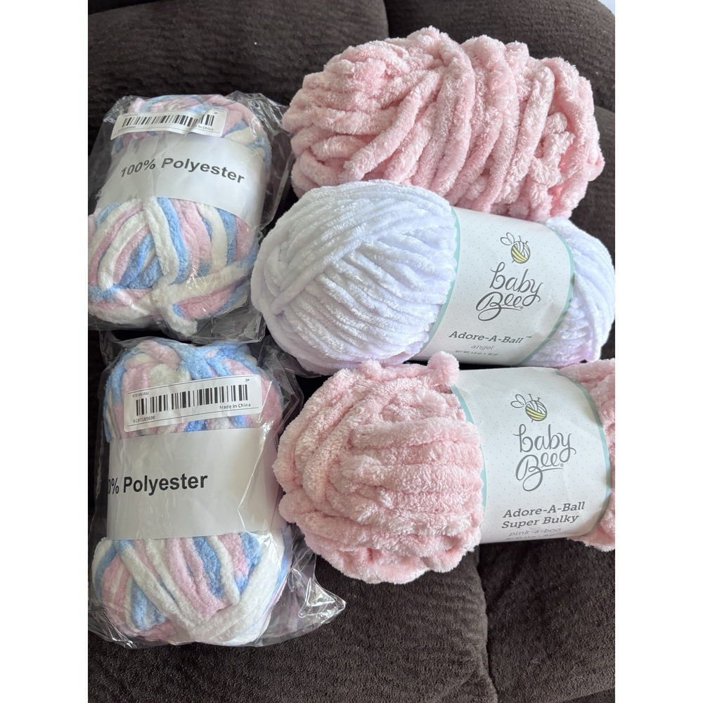 5 Skeins Baby Bee 2 Adore-a-Ball  Super Bulky 3.5oz, 1 White 3.5, 2-multicolor